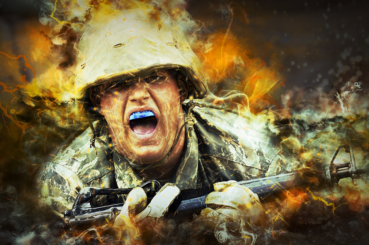 a close up of a person with a gun, digital art, by Adam Marczyński, shutterstock, digital art, soldier under heavy fire, mouth of hell, gulf war photography, an army recruitment poster