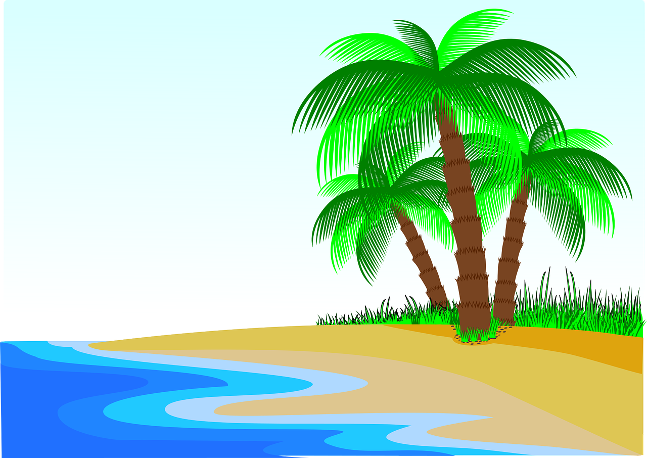 a couple of palm trees sitting on top of a sandy beach, an illustration of, . background: jungle river, clip art, vacation photo, simple and clean illustration