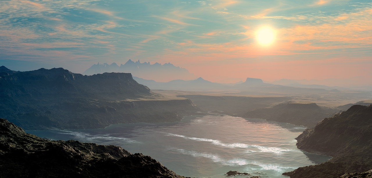 a large body of water surrounded by mountains, a matte painting, romanticism, sunset + hdri, south african coast, on another planet, stunning screensaver
