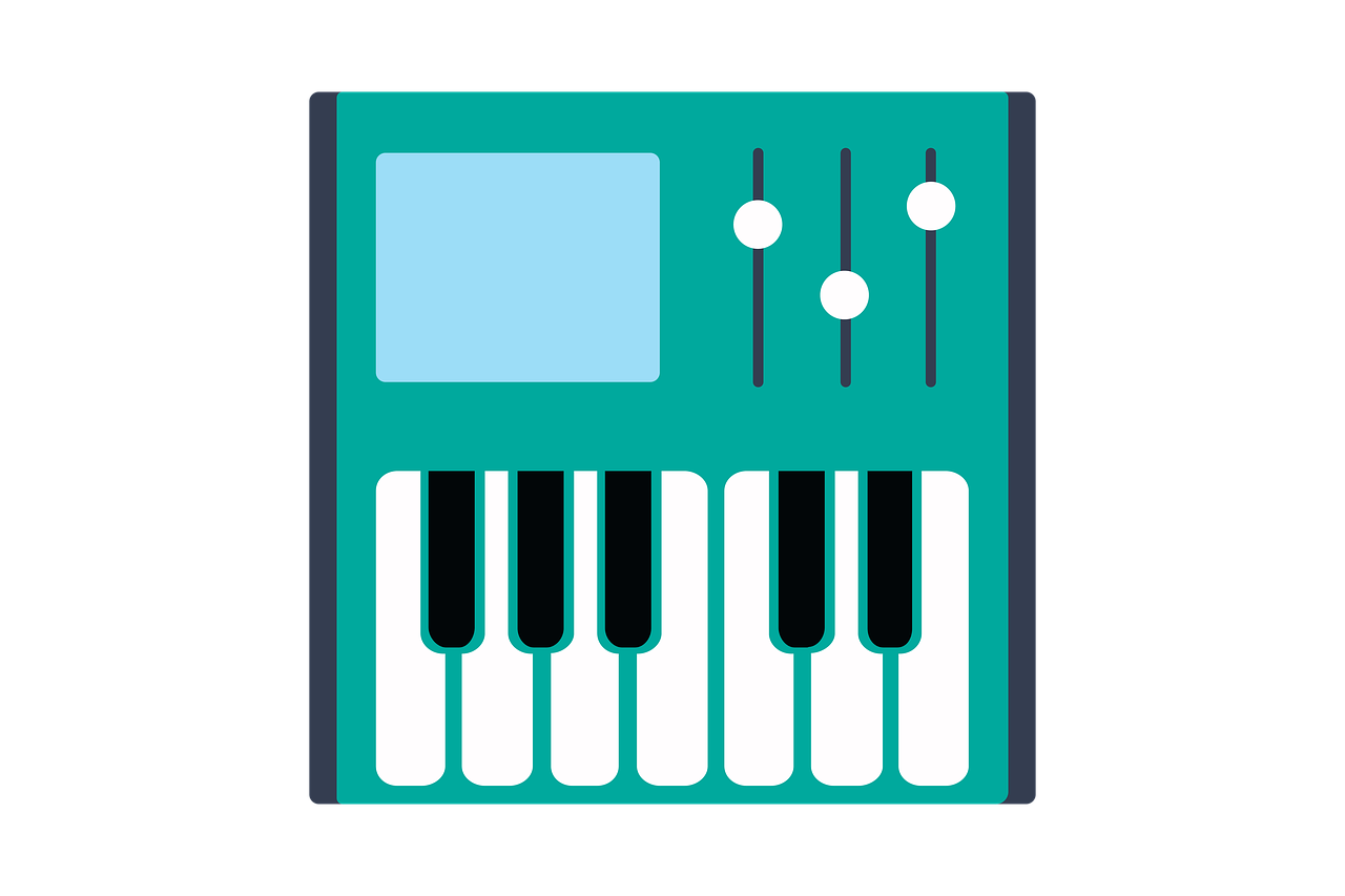 a close up of a piano keyboard on a black background, concept art, by Andrei Kolkoutine, synthetism, flat icon, dj mixer, cyan and green, on simple background