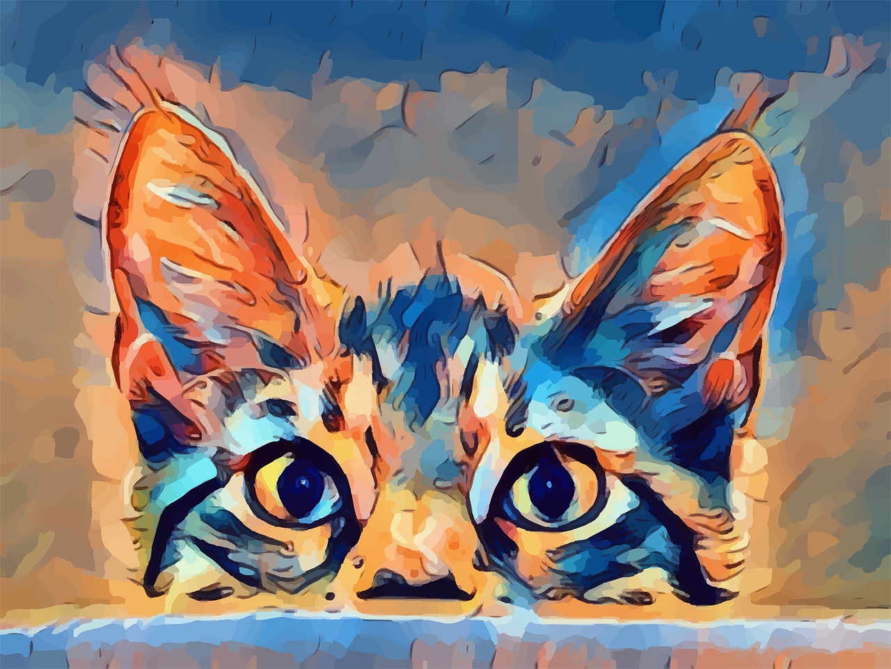 a painting of a cat peeking over a wall, a digital painting, shutterstock, orange and blue colors, focused expression, !!! very coherent!!! vector art, symmetric bright eyes