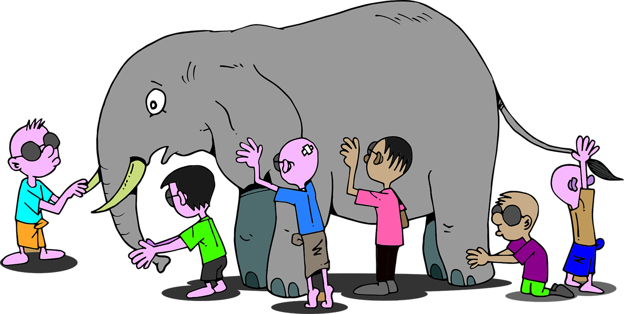 a group of people standing around an elephant, a cartoon, inspired by Farel Dalrymple, pixabay, threatening pose, dark people discussing, wikihow illustration, kid
