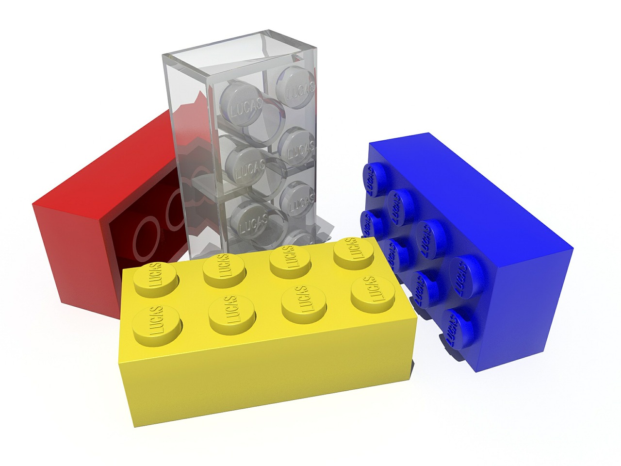 a group of lego blocks sitting next to each other, a 3D render, by Jon Coffelt, translucent greebles, product photo, primary color scheme, display”