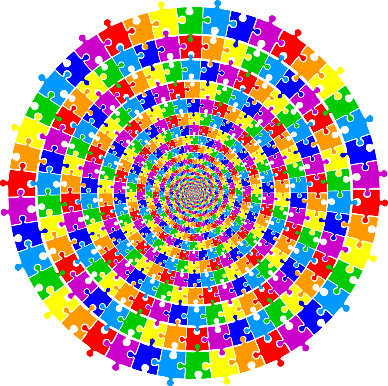 colorful puzzle pieces arranged in a circle, a jigsaw puzzle, by Jon Coffelt, optical illusion, infinite fractal mandala tunnel, spiral eyes, no gradients, aaaaaaaaaaaaaaaaaaaaaa