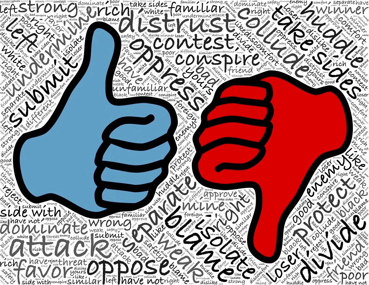 two thumbs up with words in the background, trending on pixabay, neoplasticism, political cartoon, dissipate!!, blue or red, broken composition