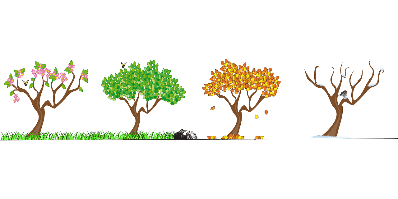 a group of trees that are next to each other, a digital rendering, pixel art, seasons of emotion, on black background, cartoon image, beginning of autumn