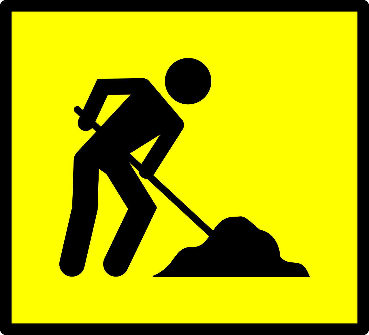 a man digging a pile of dirt with a shovel, by Mirko Rački, pixabay, figuration libre, traffic signs, black. yellow, beijing, rectangle