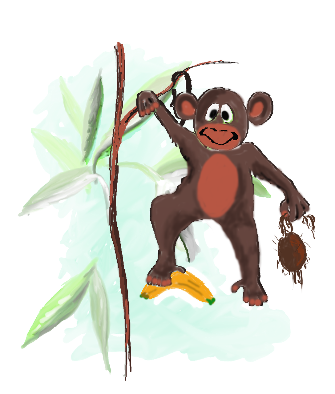 a drawing of a monkey hanging from a tree, a digital rendering, deviantart contest winner, cartoon style illustration, of bamboo, subject= chimp, toddler