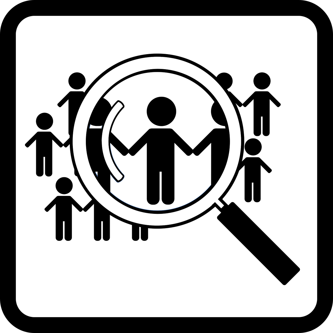 a magnifying glass over a group of people, by Mirko Rački, pixabay, icon black and white, someone lost job, logo for research lab, shelter