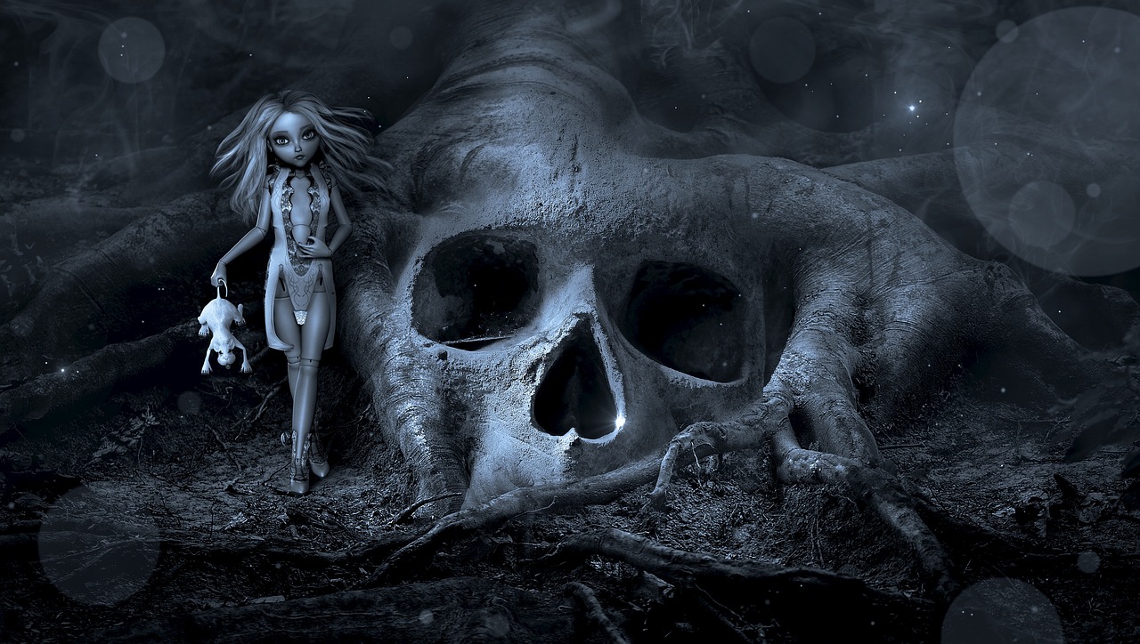 a woman that is standing next to a skull, digital art, gothic art, dead forest background, avatar image, closeup shot, skulls are lying underneath