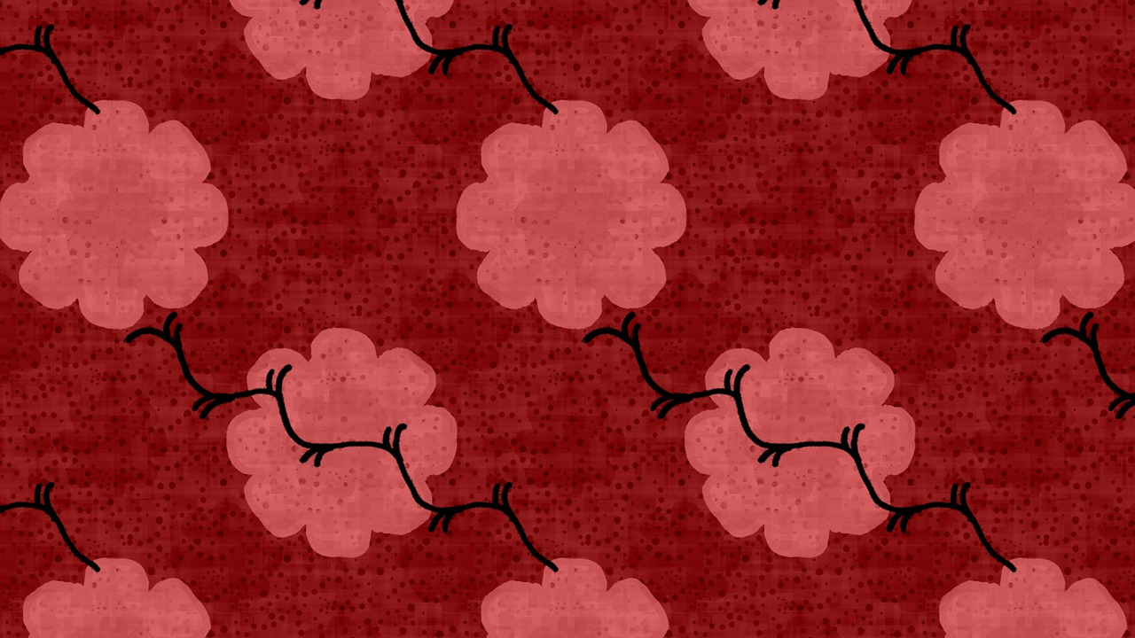 a bunch of red flowers on a red background, inspired by Itō Jakuchū, baroque, puffy cute clouds, quilt, cotton candy trees, textured like a carpet