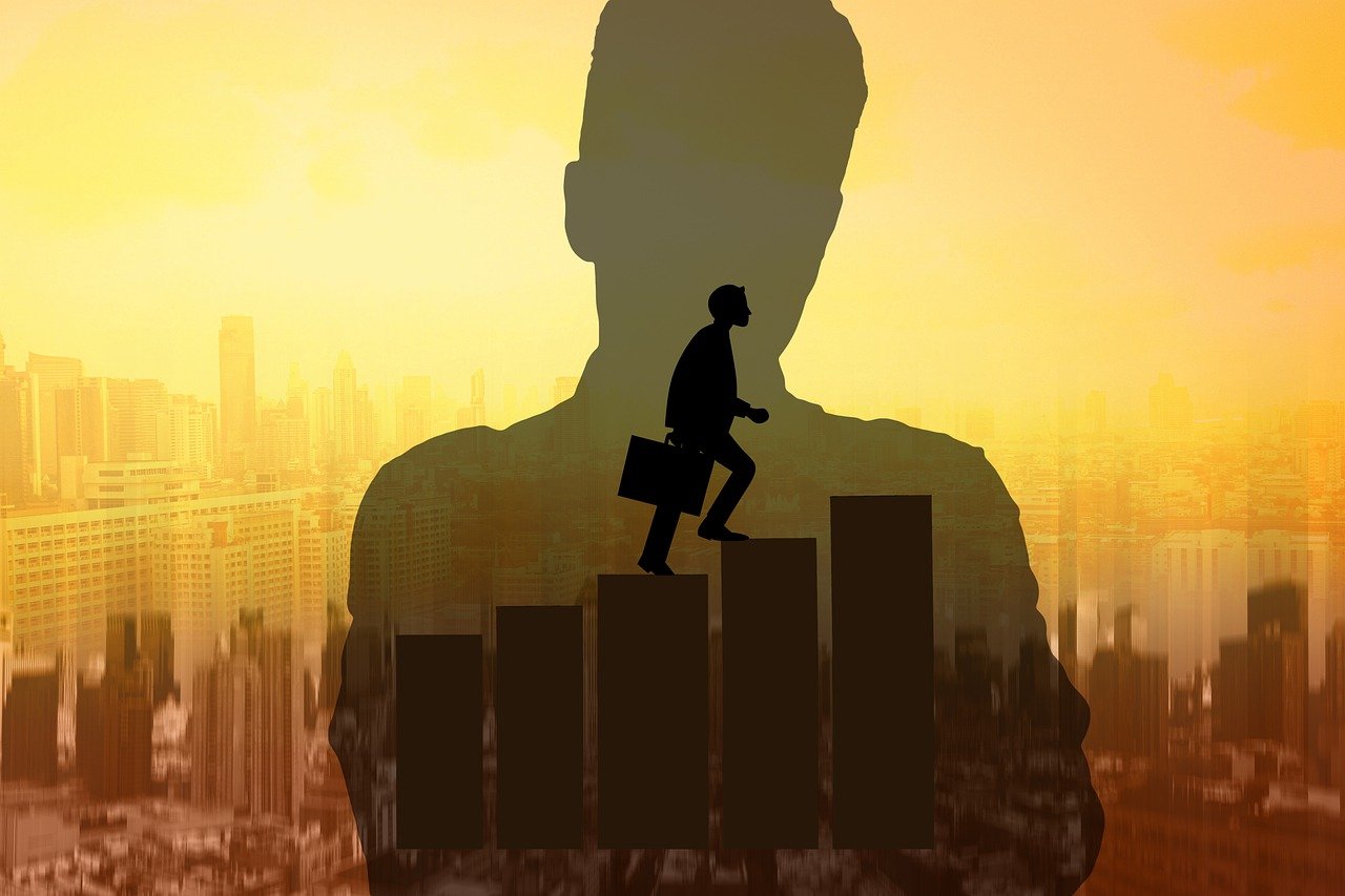 a silhouette of a man walking up a set of stairs, a picture, busy city on background, the source of future growth, executive industry banner, the wise man is riding on top