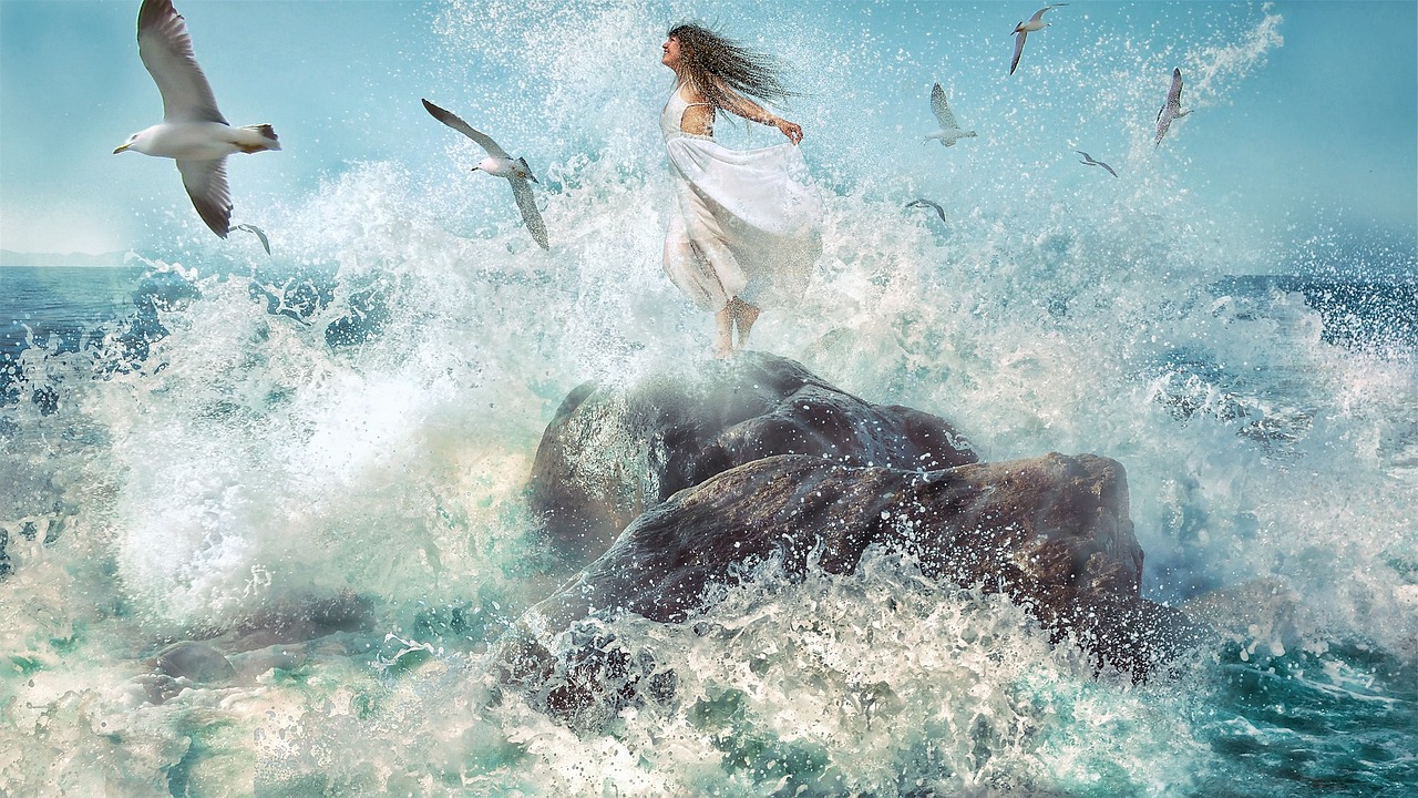 a woman standing on a rock surrounded by seagulls, pixabay contest winner, fantasy art, crashing waves and sea foam, a beautiful woman in white, jesus walking on water, closeup!!!!!!