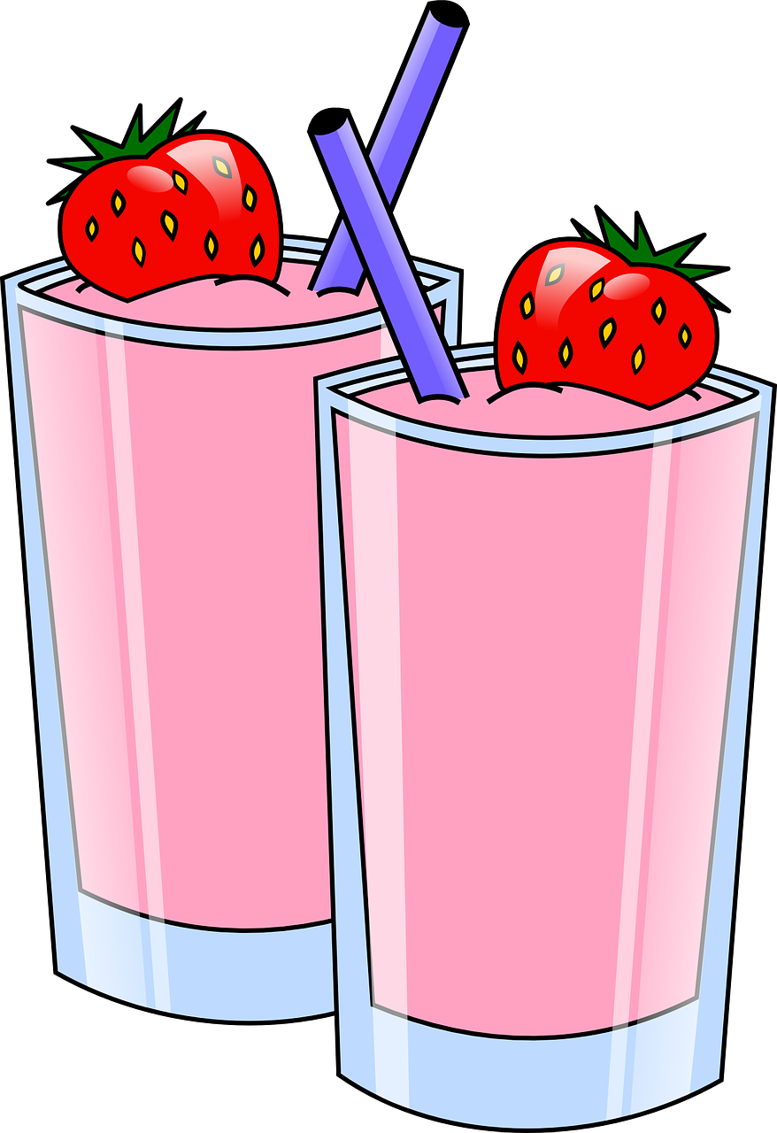 a couple of glasses with strawberries in them, inspired by Masamitsu Ōta, pixabay, sōsaku hanga, milkshake, fully colored, ham, looking left