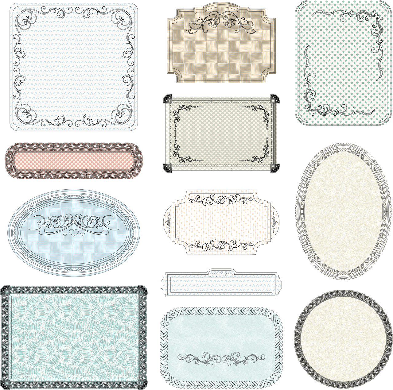 a set of decorative frames and labels on a black background, a pastel, by Joseph Raphael, flickr, pale cyan and grey fabric, rounded corners, intricate details illustration, linen