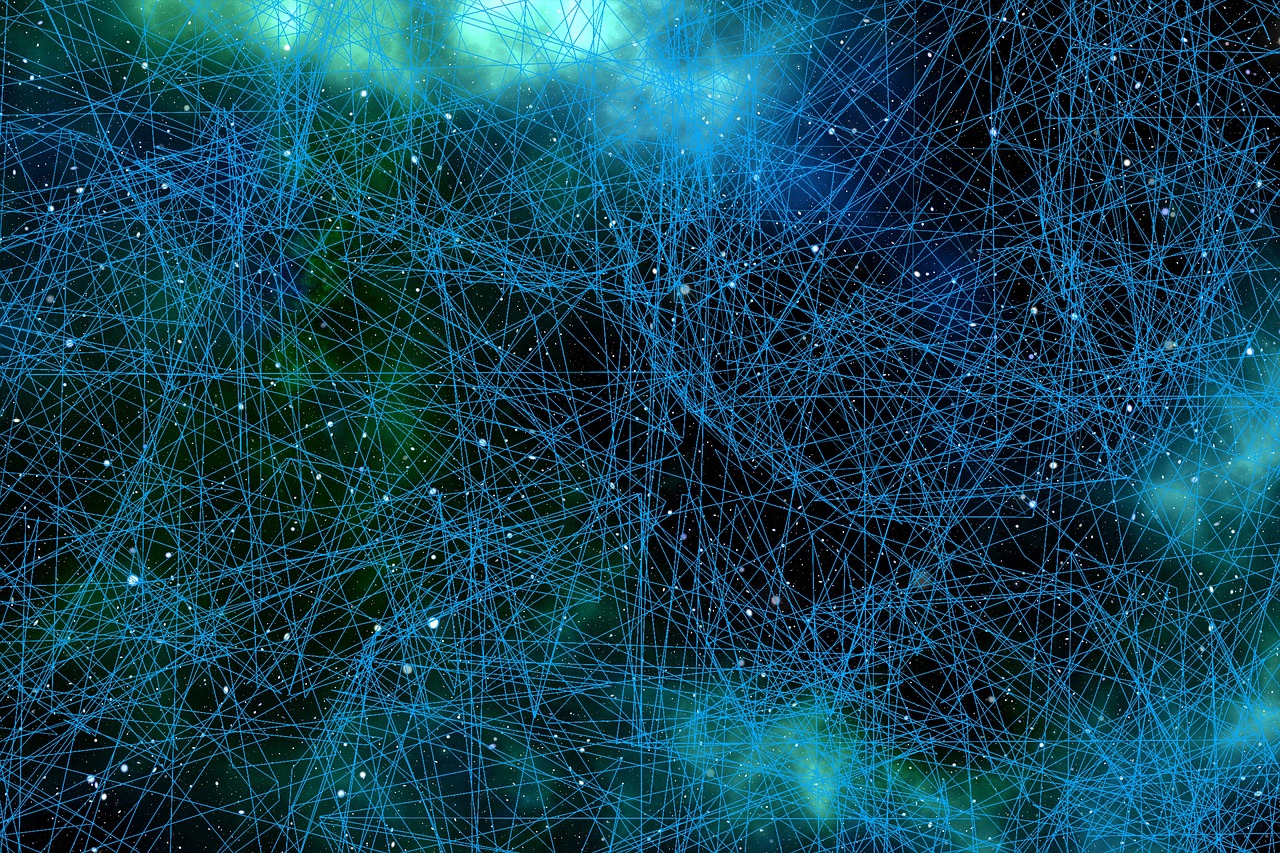 a space filled with lots of blue lines, digital art, pexels, neurons, background of stars and galaxies, immersed within a network, medium closeup shot