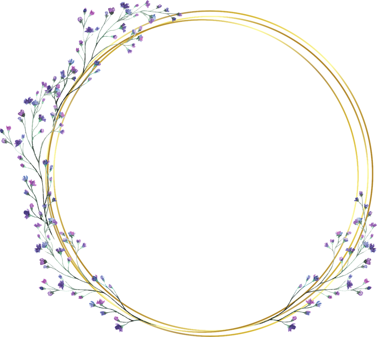 a gold circle with purple flowers on a black background, a digital rendering, willowy frame, embellishment, verbena, link