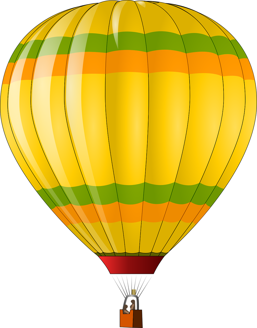 a yellow and green striped hot air balloon, by Radi Nedelchev, no gradients, bright on black, view from bottom to top, view from the side