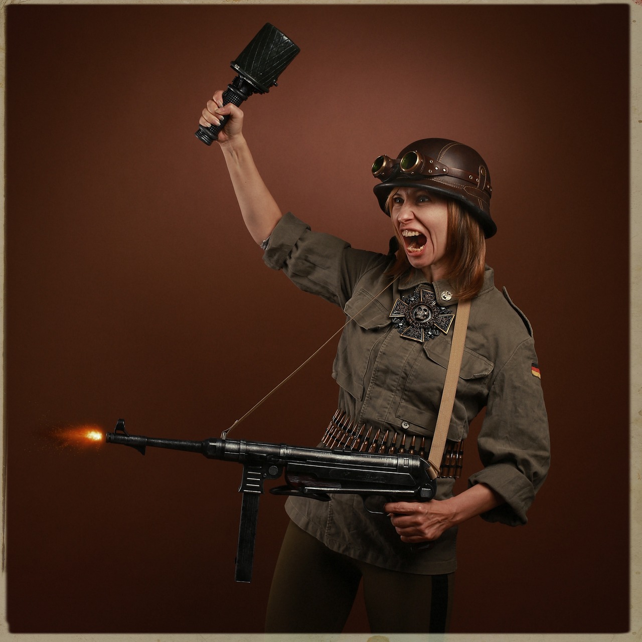 a woman in an army uniform holding a machine gun, a portrait, inspired by Otto Eckmann, flickr, screaming, hearts of iron portrait style, full costume, adventurer