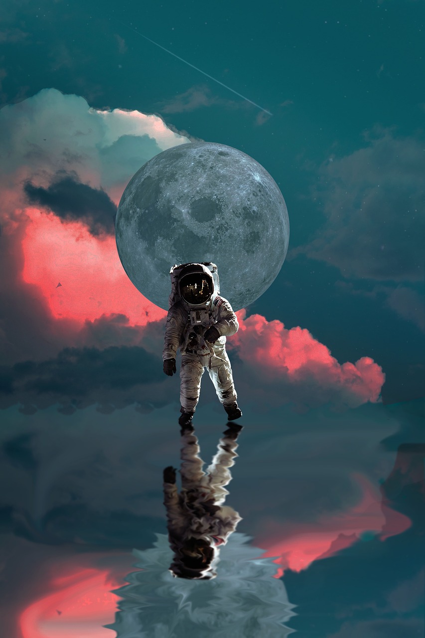 an astronaut floating in the water with a full moon in the background, inspired by Scott Listfield, pexels contest winner, among the clouds, marvellous reflection of the sky, giant pink full moon, spaceman standing looking