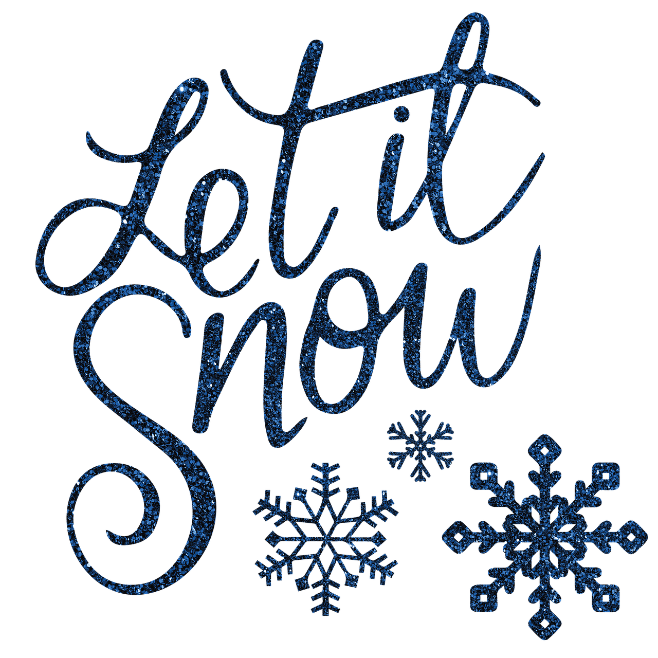 the words let it snow are surrounded by snowflakes, dark blue and black, shiny glitter crystals, avatar image, cutout