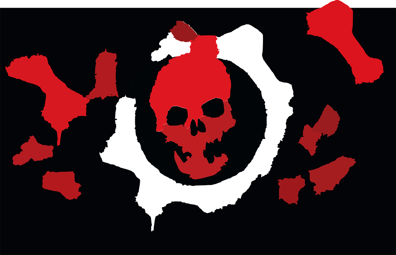 a red skull and crossbone on a black background, a screenshot, inspired by Kōno Michisei, pixabay, steam workshop maps, ink blot, red banners, sea of thieves style