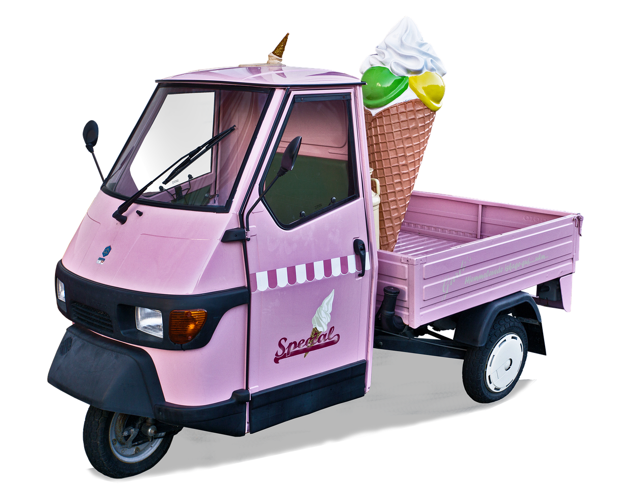 a pink ice cream truck with an ice cream cone in the back, by Francesco Raibolini, renaissance, speeder, promo photo, 8 8 8 8, front view 2 0 0 0