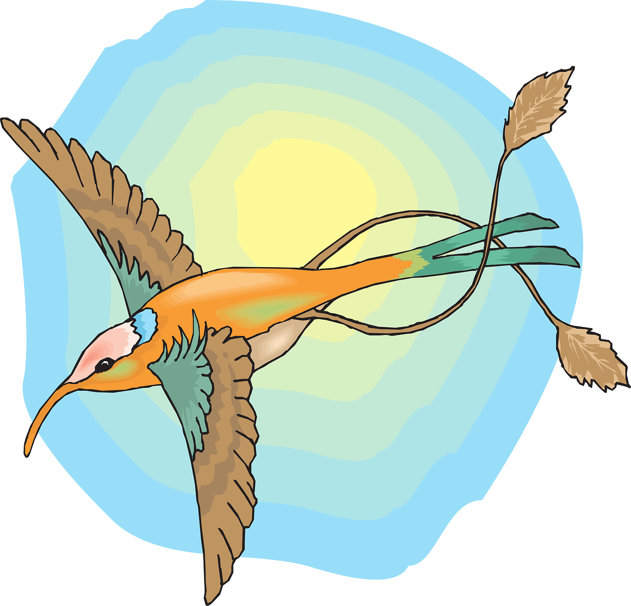 a bird that is flying in the sky, an illustration of, inspired by John James Audubon, arabesque, lumnoius colorful, with bow and arrow, sunbathing. illustration, very very happy!