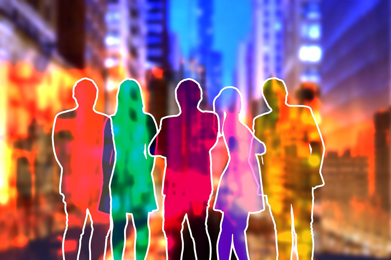 a group of people standing on a city street, a picture, digital art, outline glow, colorful clear sharp focus, siluette, colourful background