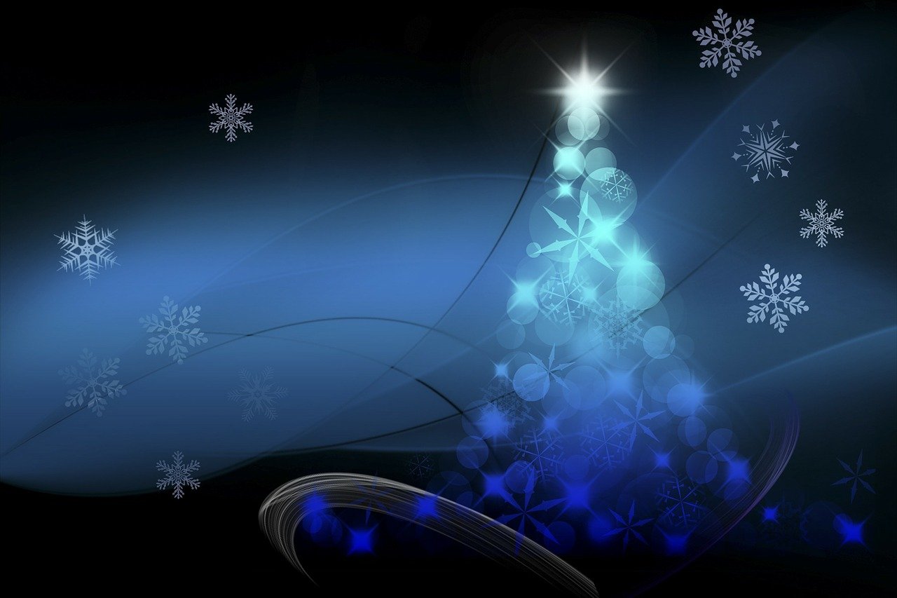 a christmas tree on a blue background with snowflakes, digital art, by Aleksander Gierymski, pixabay, dark blue and black, setting is bliss wallpaper, bottom angle, blue rays from tv
