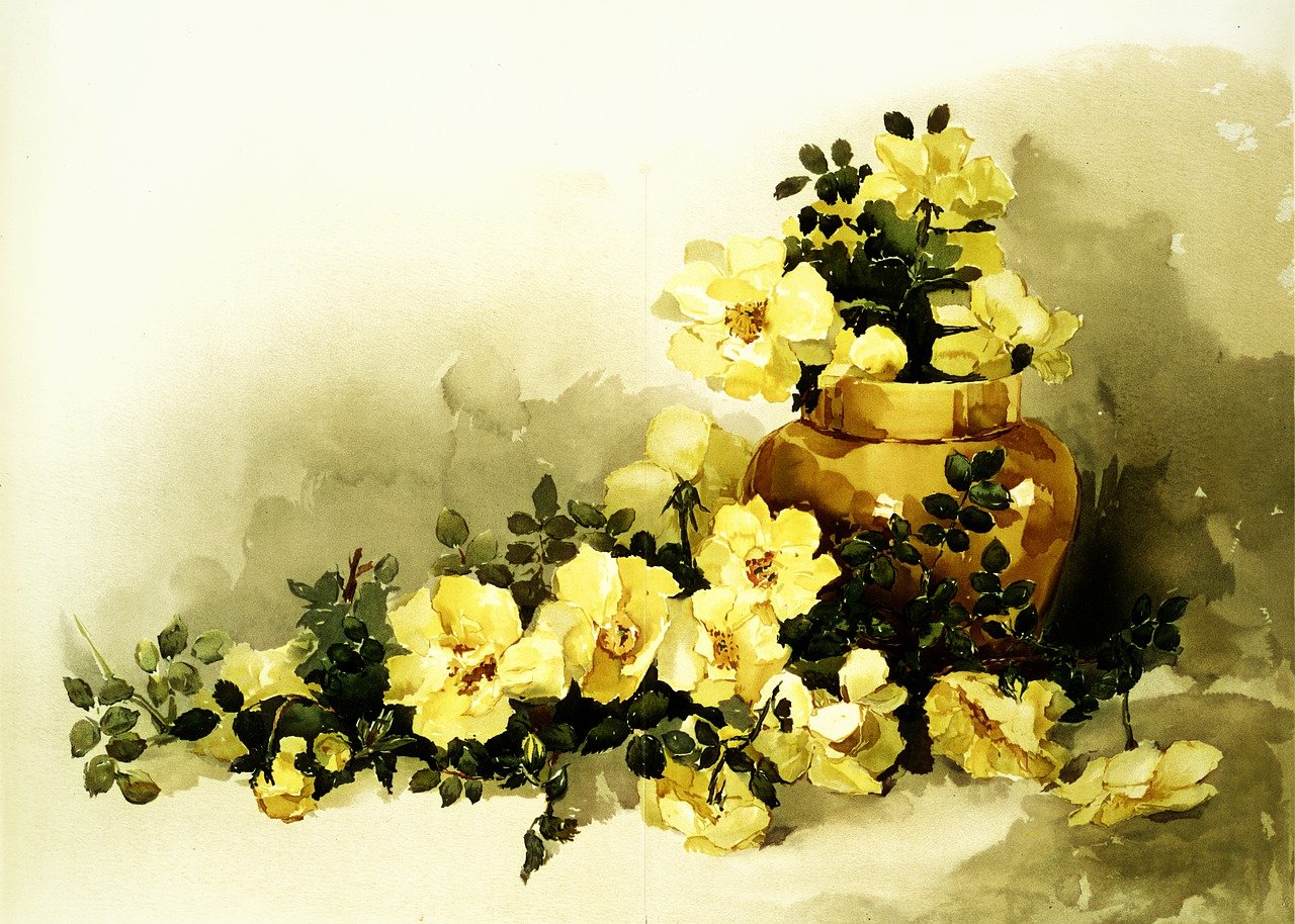 a painting of yellow flowers in a vase, a watercolor painting, by Robert Peak, romanticism, roses background, chinese ink and wash painting, golden color scheme, old color photo