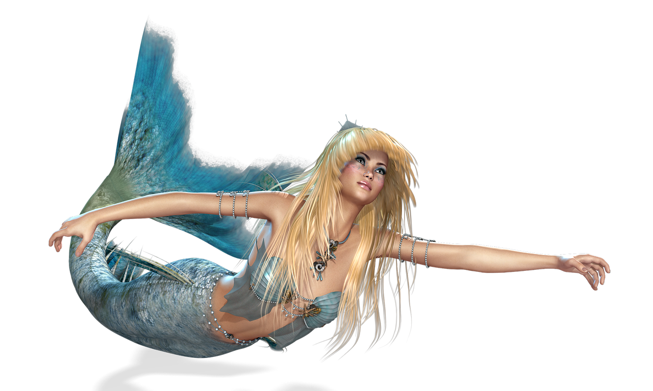 a woman dressed as a mermaid flying through the air, a digital rendering, inspired by Nene Thomas, long blonde hair and blue eyes, modeled in poser, [ floating ]!!, zoom shot