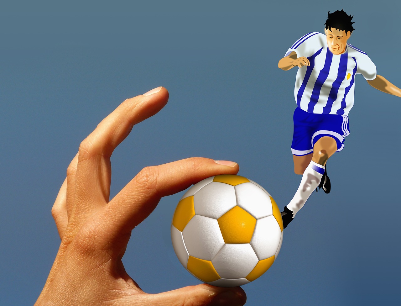 a person holding a soccer ball in their hand, a digital rendering, trending on dribble, launching a straight ball, [ [ hyperrealistic ] ], striped, 3 d models