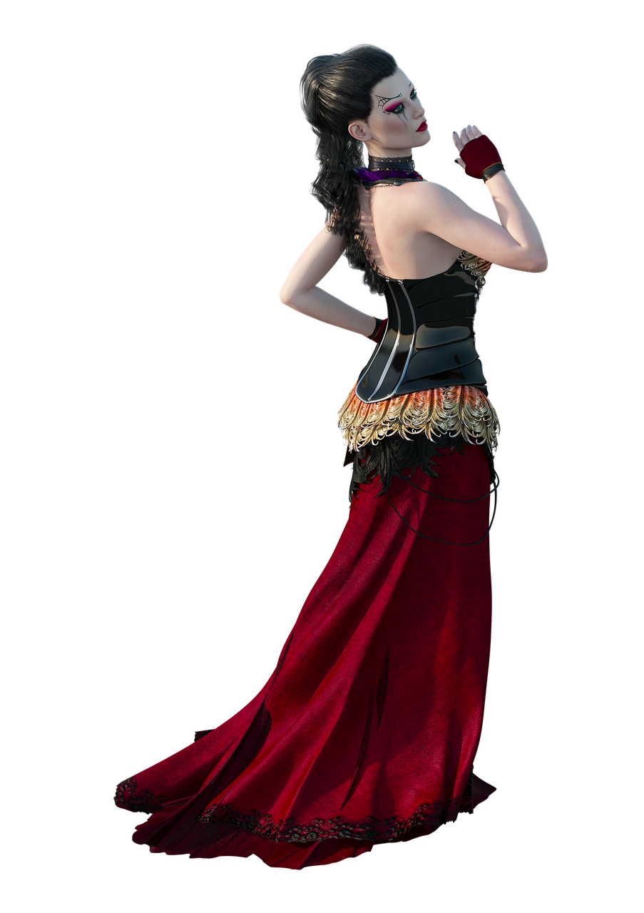 a woman in a red skirt posing for a picture, inspired by Delphin Enjolras, polycount contest winner, renaissance, wearing a steampunk sari, skinny female artist back view, very beautiful goth top model, from final fantasy xiii