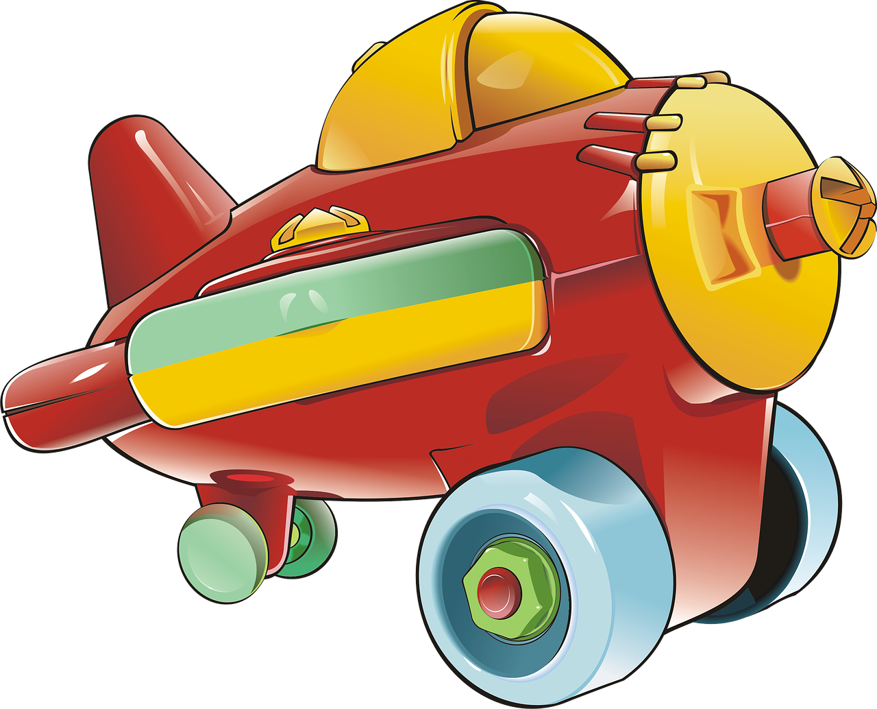 a red toy airplane with a yellow propeller, by Toyen, digital art, a car, multicolored vector art, hero shot, piggy