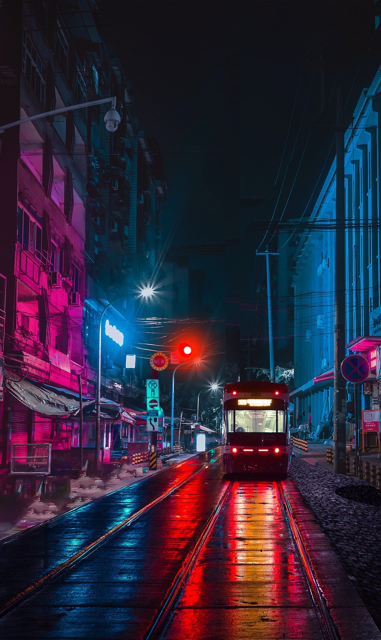 a bus driving down a city street at night, cyberpunk art, digital art, artwork in the style of guweiz, hyper color photograph, artistic. alena aenami, alexey egorov