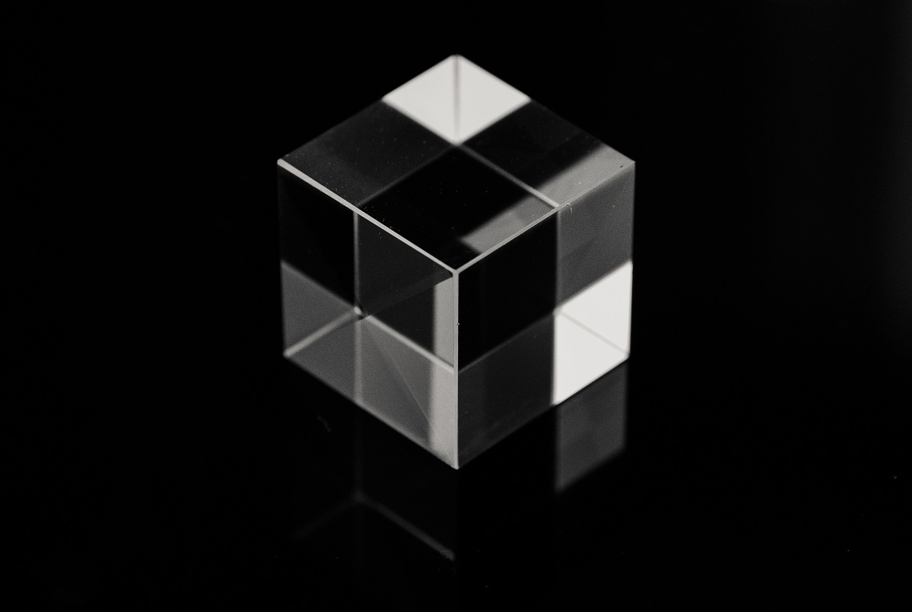 a black and white photo of a cube, inspired by Raymond Duchamp-Villon, crystal cubism, professional product photography, high resolution product photo, highly accurate light refraction, product introduction photo