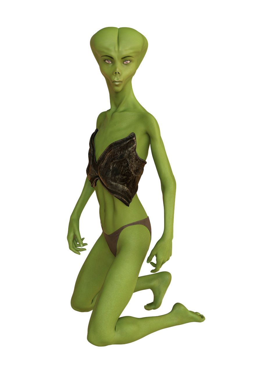 a green alien in a bikini on a black background, a raytraced image, inspired by Kelly Freas, modeled in poser, (((mad))) elf princess, elle fanning as an android, complete detailed body