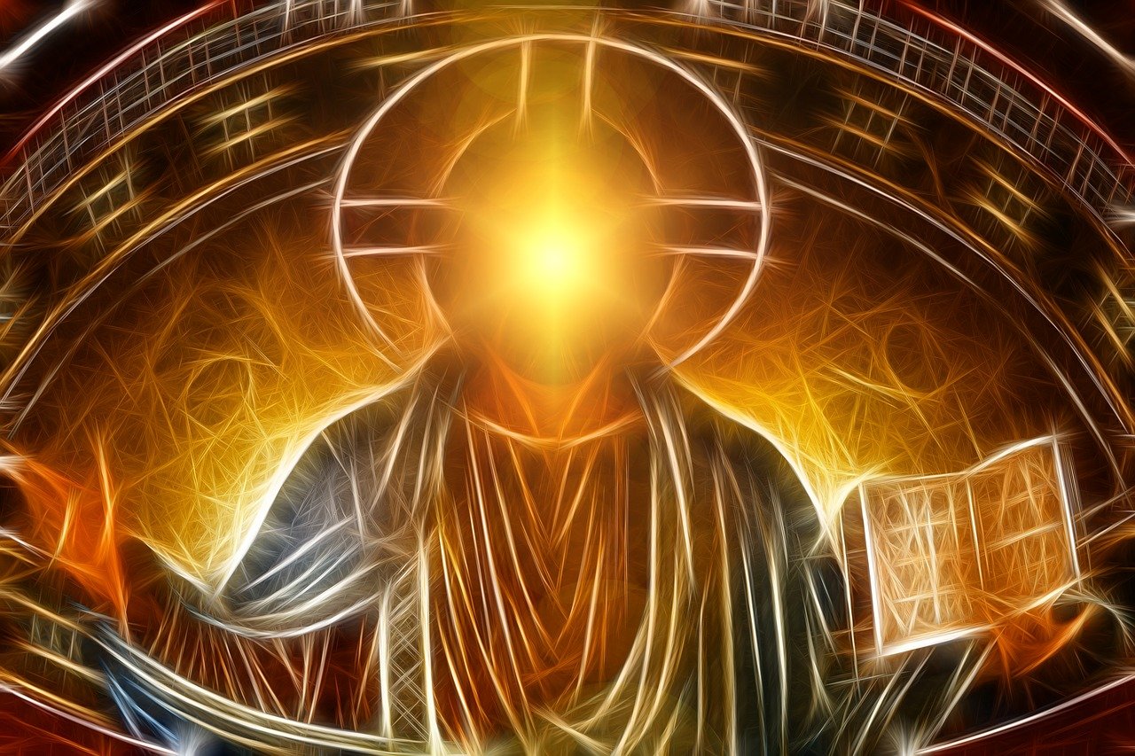 a digital painting of a person holding a book, by Aleksander Gierymski, shutterstock, digital art, glowing holy aura, orange halo, catholic icon, nuclear fusion