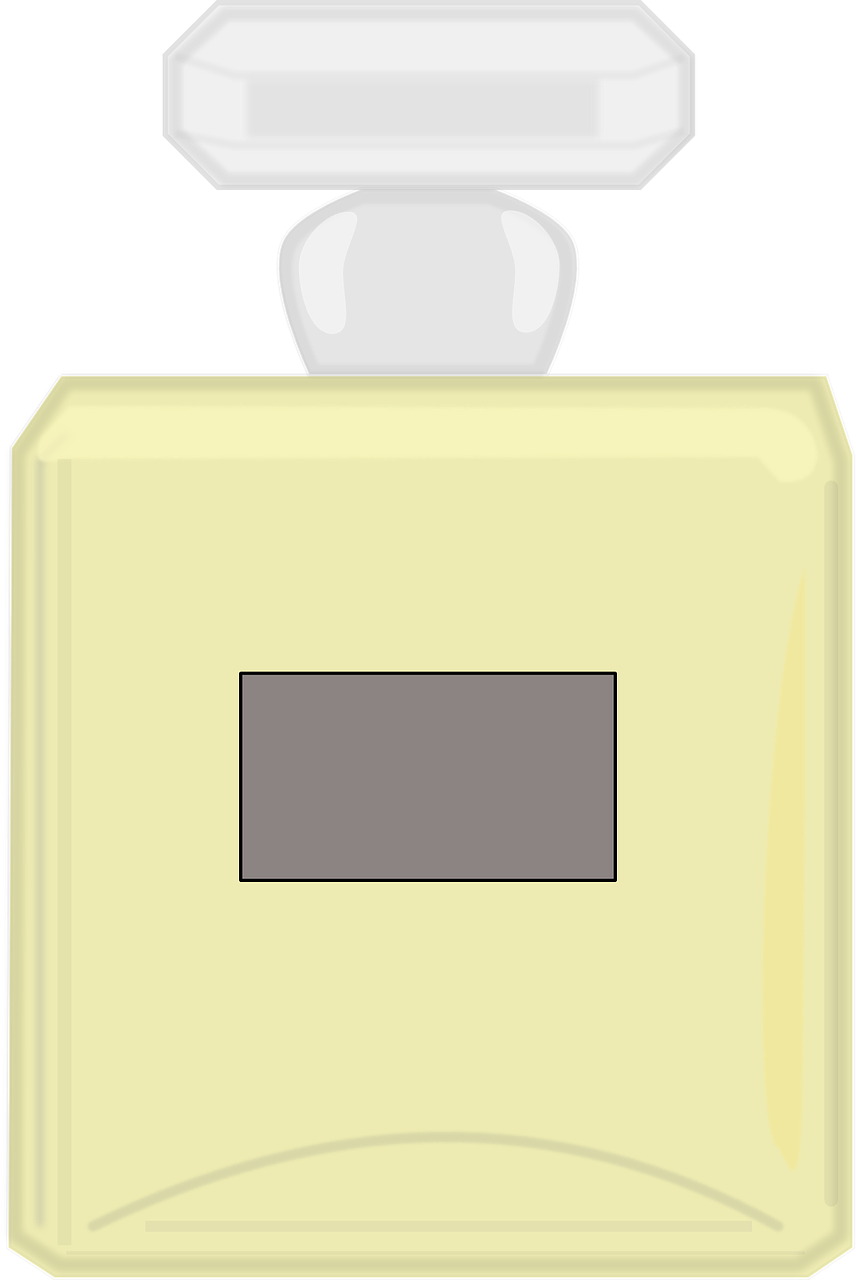 a bottle of perfume on a black background, inspired by Louise Abbéma, cell shaded adult animation, soft yellow background, with a square, clipart