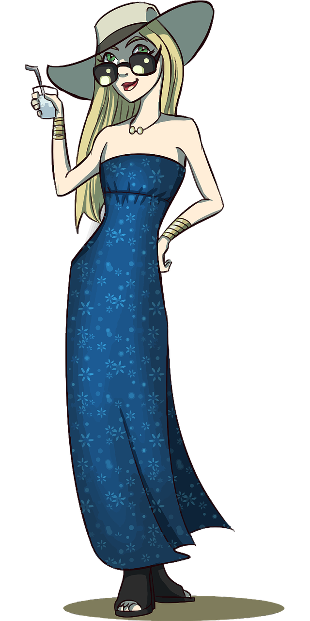 a woman in a blue dress and hat holding a cell phone, concept art, by Jaime Jones, deviantart, art nouveau, emma watson as blond aphrodite, female figure in maxi dress, nighttime!!, gwen stacy