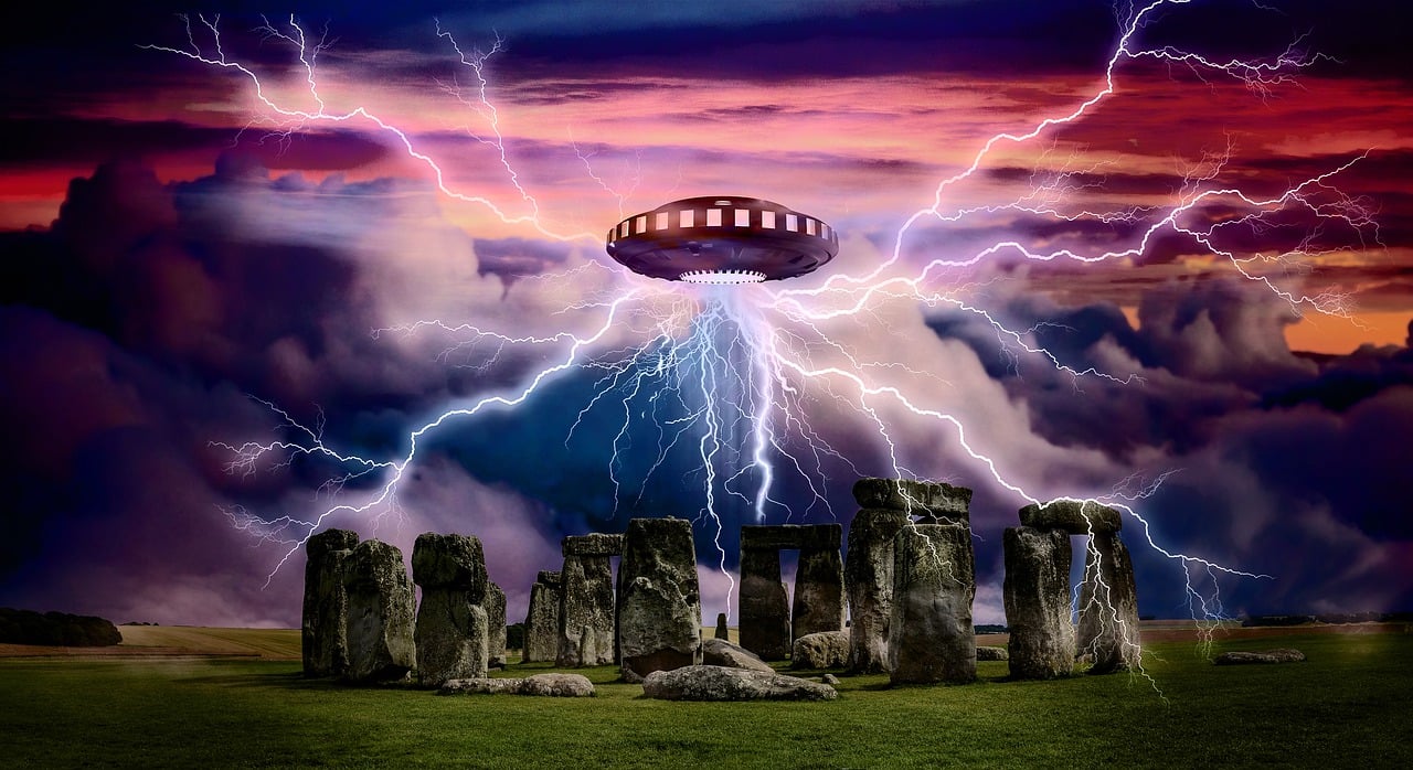 a picture of a strange looking object in the sky, a matte painting, by Wayne England, shutterstock, stonehenge, lightning halo, odin's stone arena background, flying saucer
