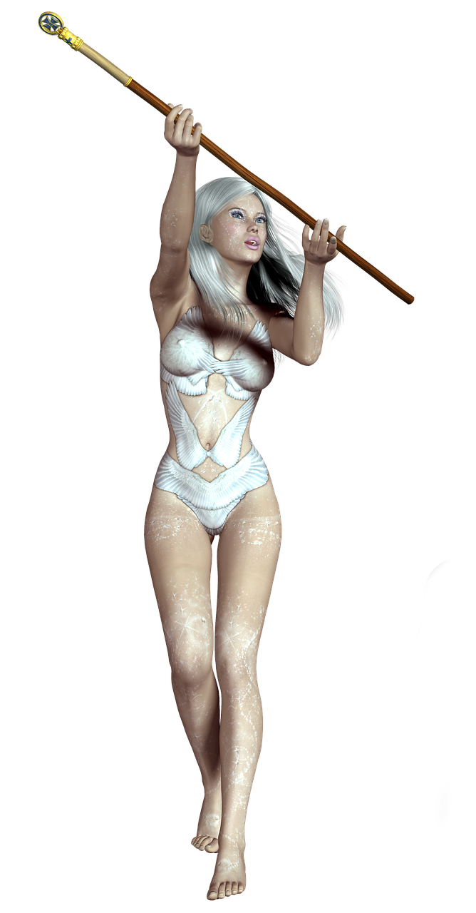 a woman in a white bodysuit holding a baseball bat, a 3D render, inspired by Jan Baptist Weenix, fantasy art, bladed wings lace wear, white hair!!!!, second life avatar, npc with a saint's halo
