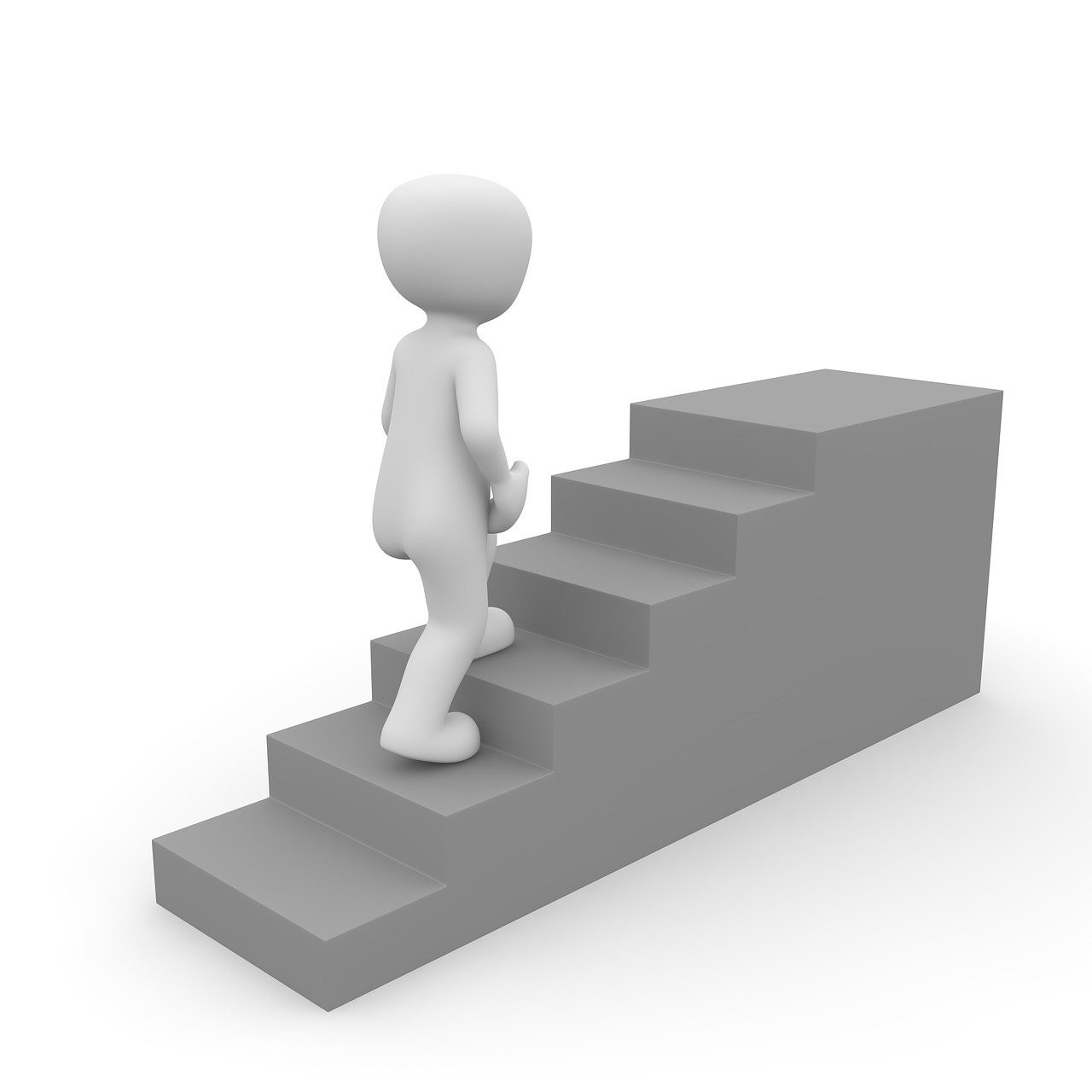 a person standing at the top of a set of stairs, trending on pixabay, figuration libre, gray anthropomorphic, 3d product, wikihow illustration