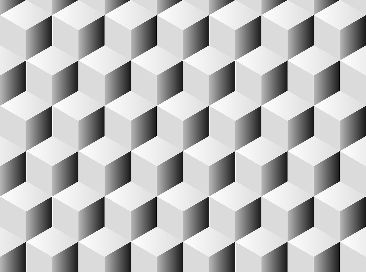 a black and white pattern of cubes, an ambient occlusion render, trending on pixabay, optical illusion, gradient white to silver, repeating patterns, light grey background, tessellation
