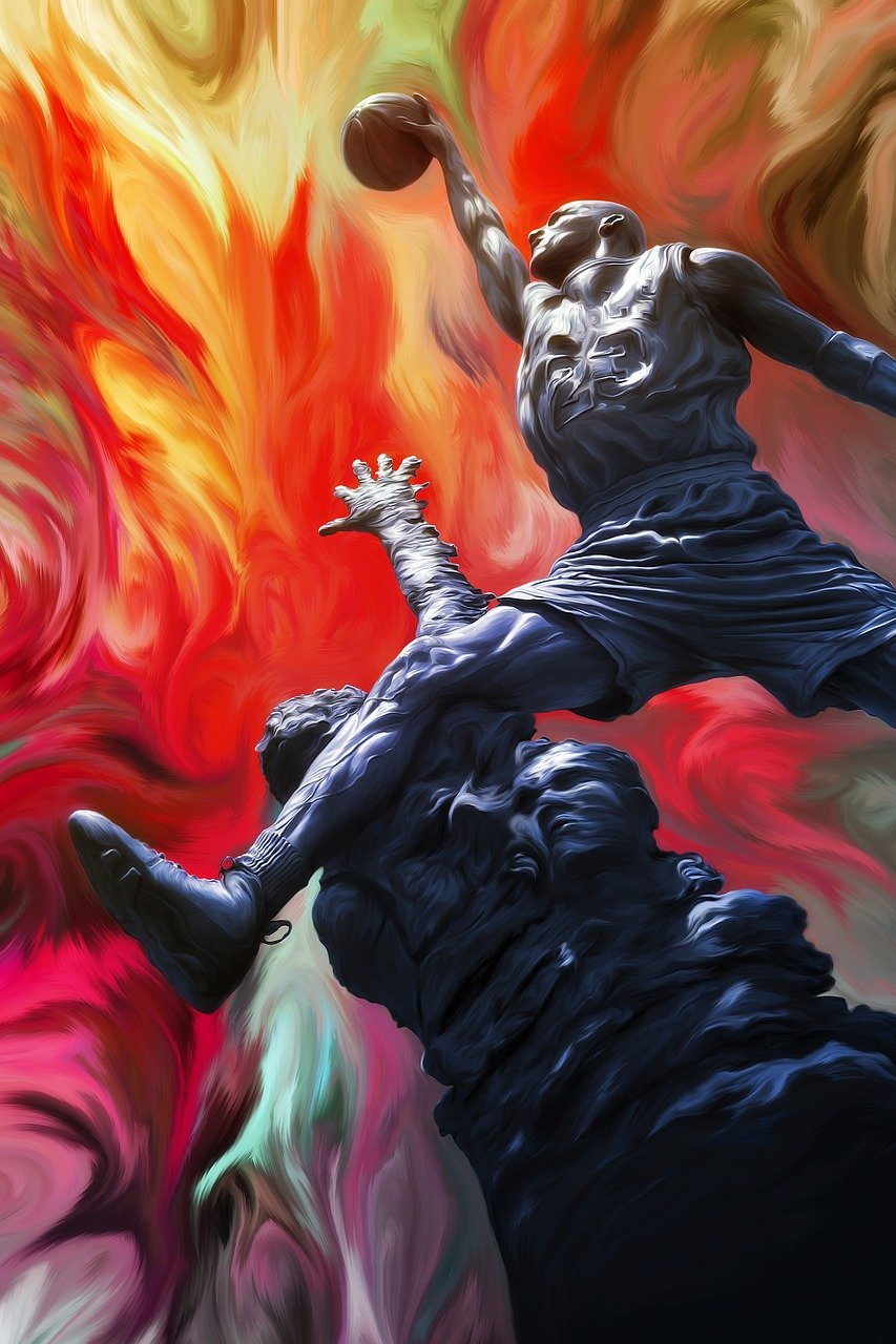 a painting of two men playing a game of basketball, inspired by Yue Minjun, trending on zbrush central, digital art, closeup photo, fiery atmosphere, 3d statue!!!, vivid vibrant colors