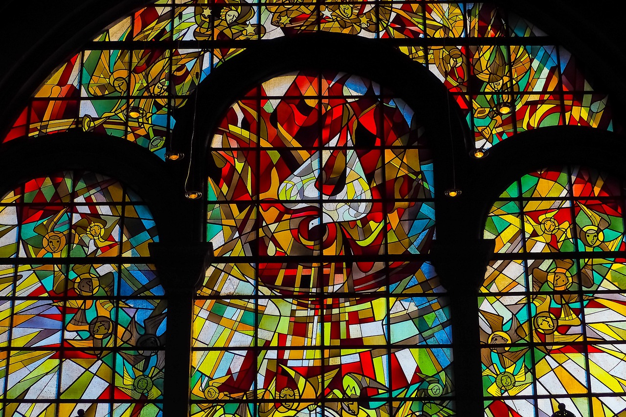 a large stained glass window in a church, by Miroslava Sviridova, flickr, hermetic, satanic church interior, details and vivid colors, inside large window of ship