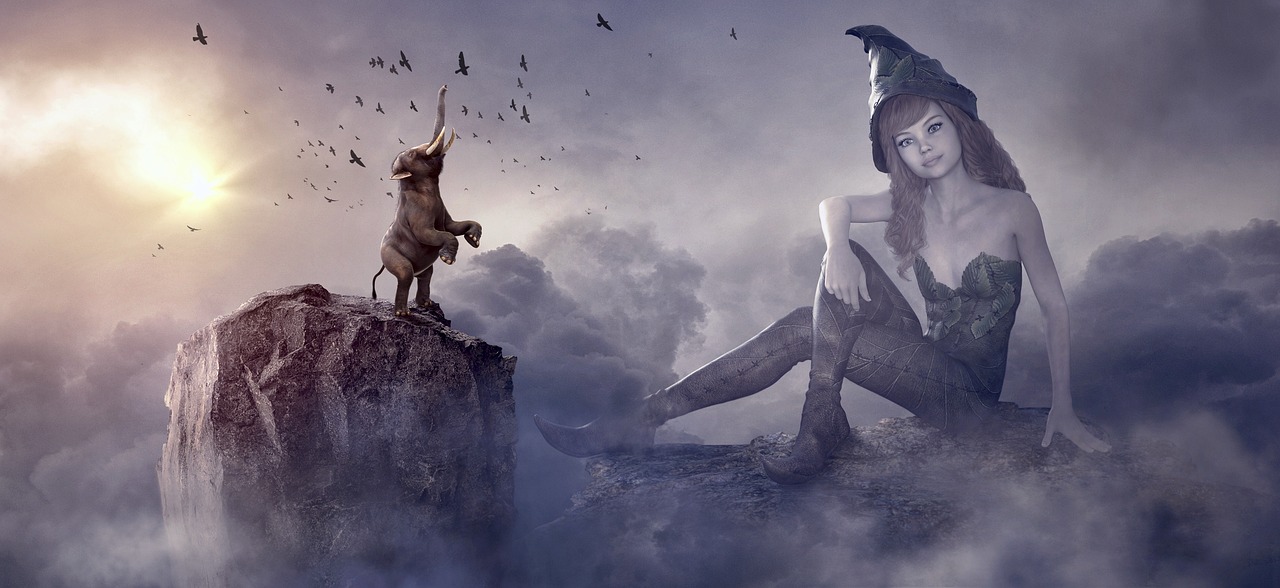 a woman sitting on top of a rock next to a dog, inspired by Igor Morski, trending on cg society, fantasy art, with horns, lalafell, in a dream world, dunce