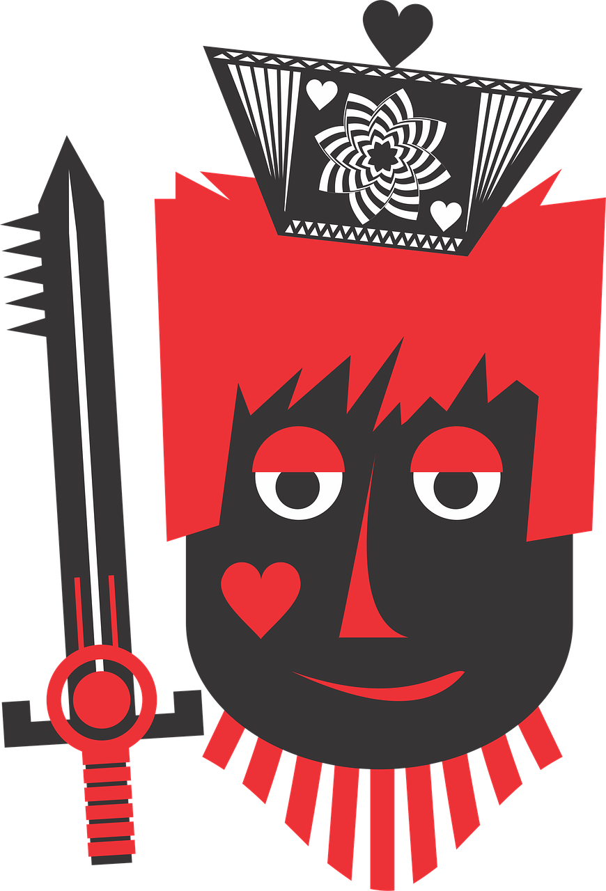 a cartoon image of a pirate with a sword, inspired by Tom Whalen, vanitas, queen of hearts, hairstyle red mohawk, style of stanley donwood, playing cards