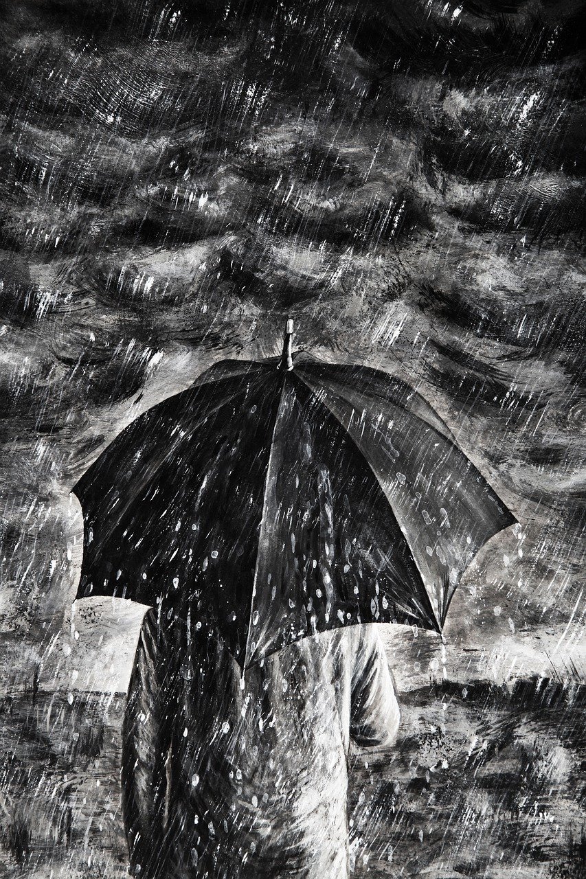 a person walking in the rain with an umbrella, a charcoal drawing, by Relja Penezic, shutterstock, conceptual art, detailed painting 4 k, close - up photo, very very well detailed image, it is night and raining